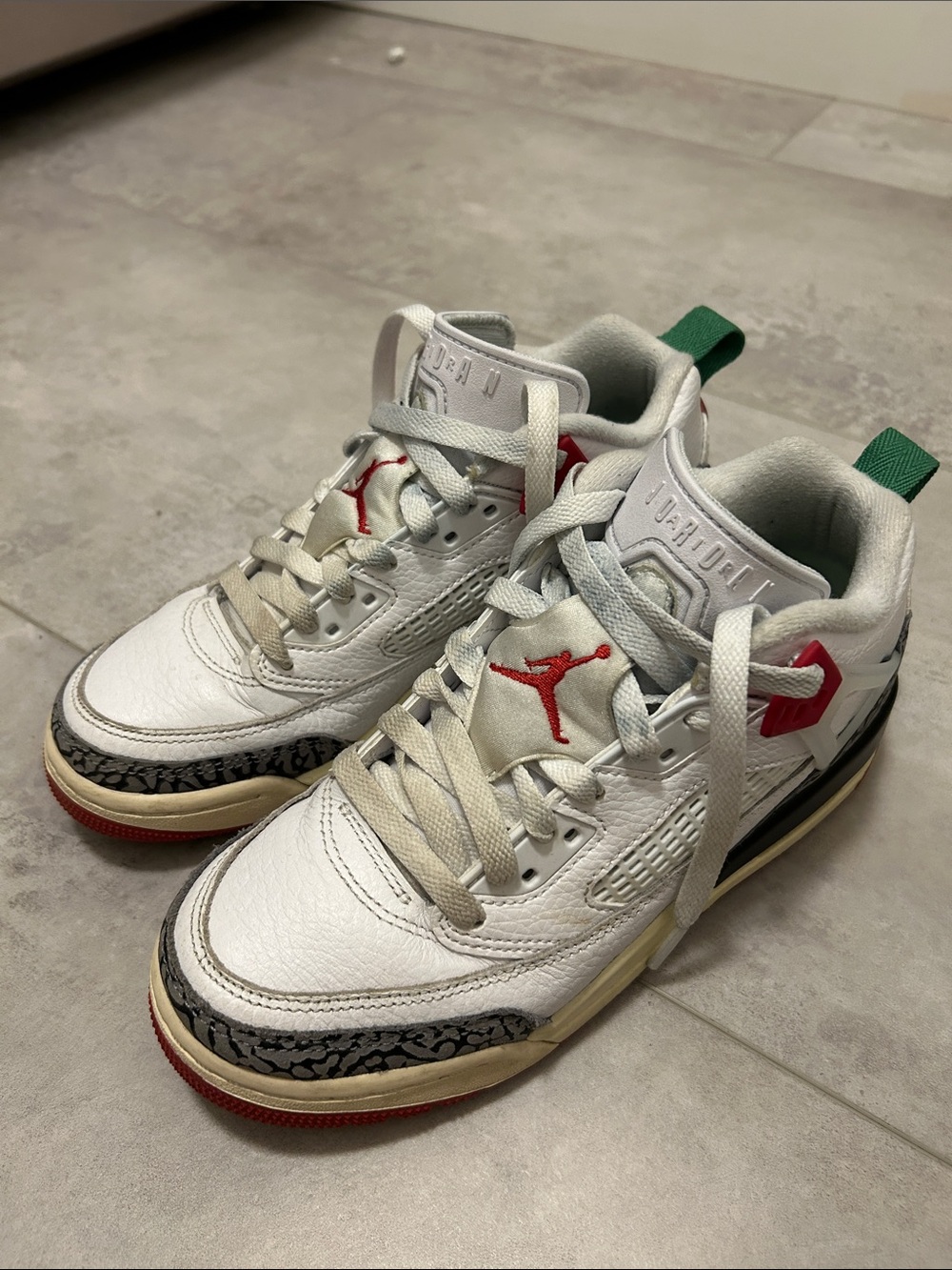 Jordan Kids White Leather Sneakers with Red and Green Accents